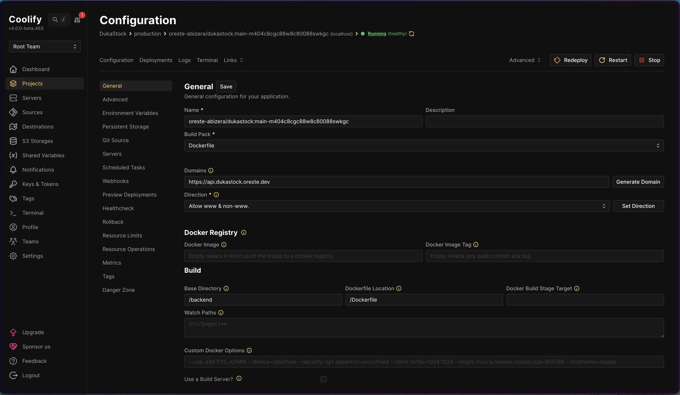 Coolify deployment dashboard showing DukaStock running and healthy