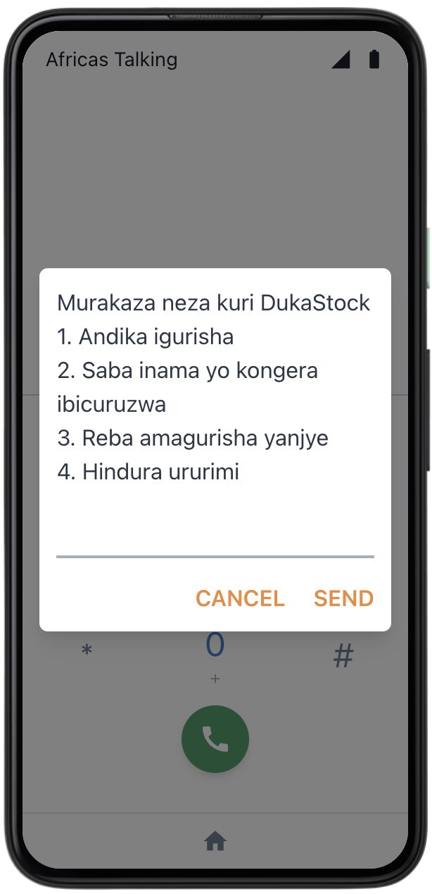 USSD menu screen on a basic feature phone, showing DukaStock's dial-in sales logging menu