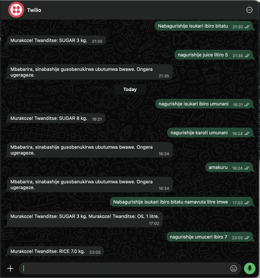 Real WhatsApp conversation showing a shopkeeper's message being correctly parsed into two separate sales entries: sugar 3kg and oil 1 litre